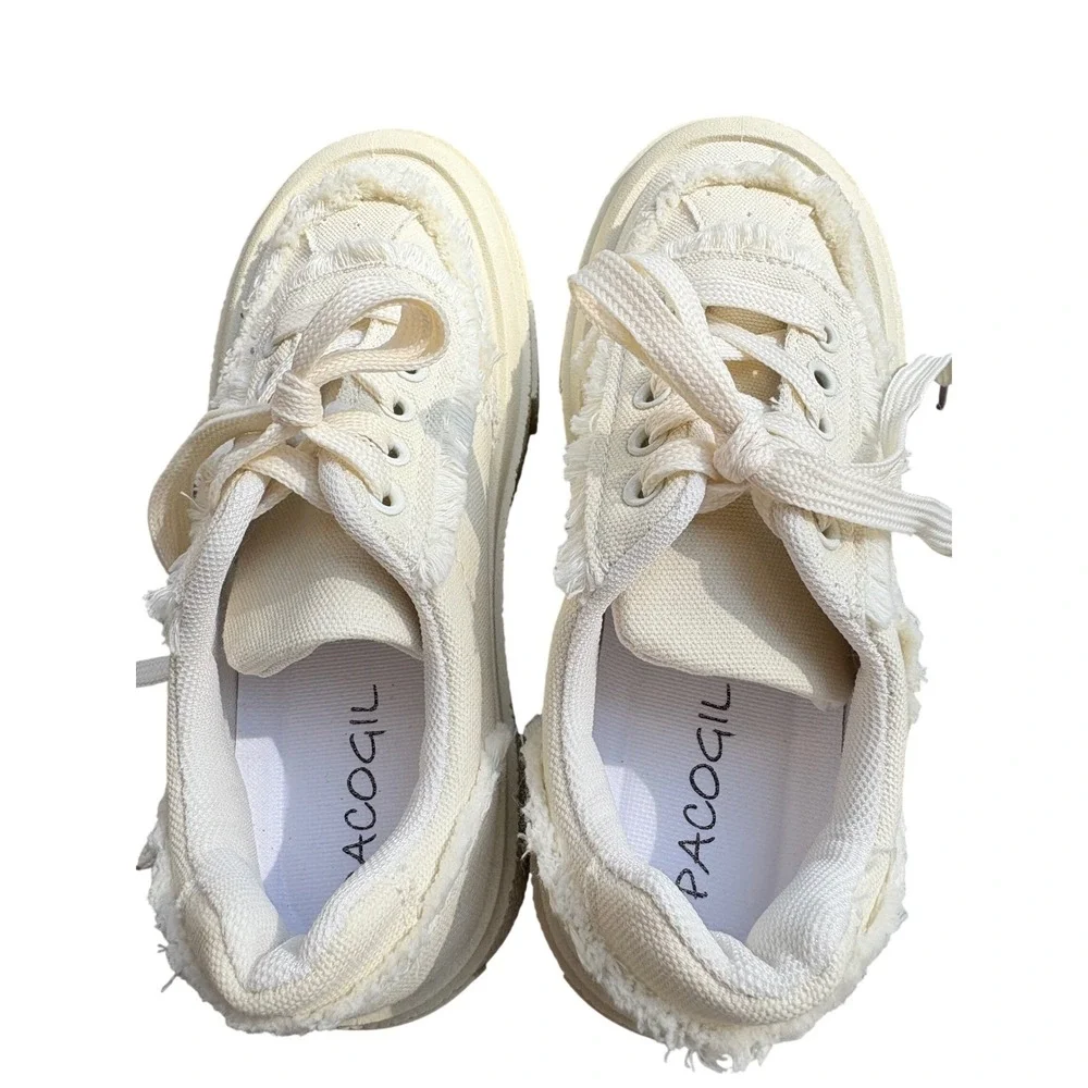 Pacogil Kids Cream Canvas‎ Frayed Platform Sneakers Low Top Distressed Shoes